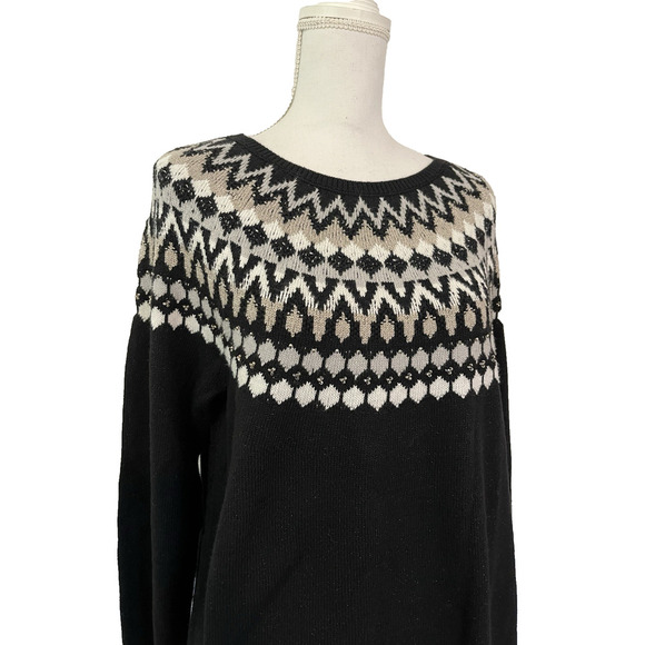 J Jill‎ Nordic Fair Isle Cotton Blend Sweater Size XLP Black Ski Grandmacore - Picture 4 of 8